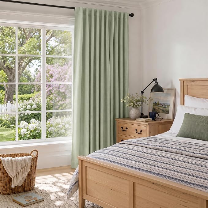 Faux Linen Total Blackout Sliding Door Curtains 84 Inches Long, Sage Green | - Image 6