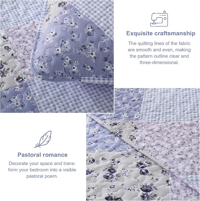 Dinjoy Boho Quilt Set Queen Size, Patchwork Floral Bedspreads, Lavender | - Image 5