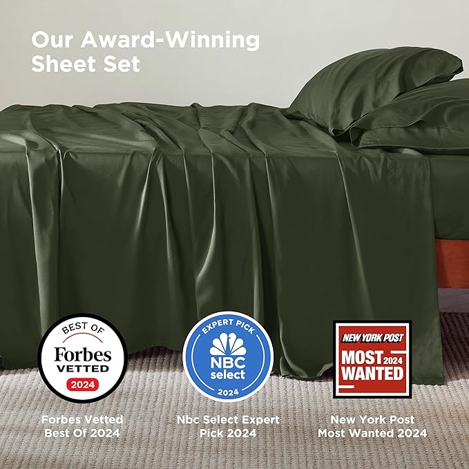 Bedsure King Size Sheets Set, Cooling Sheets for Hot Sleepers, Rayon Derived from Bamboo, Breathable & Soft, Deep Pocket Up to 16 Inches, Hotel Luxury Silky Bedding, Olive Green