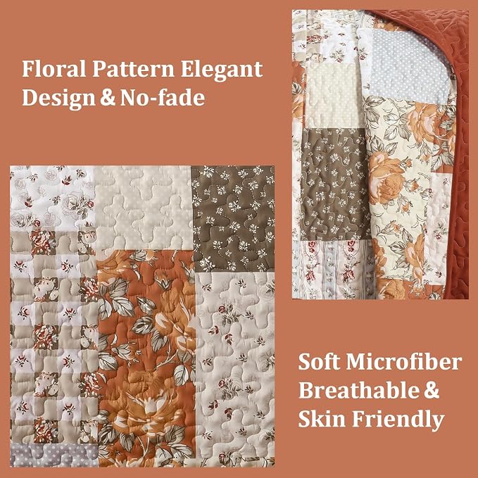 Anibedding Floral Patchwork Quilt Set Queen, Terracotta Plaid Bedspread | 3 Pcs - Image 3