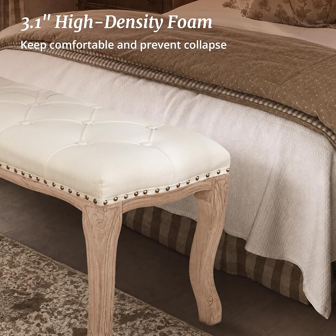 Bedroom Bench, French Vintage Tufted Entryway Bench, 45.2" Carving Upholstered - Image 4