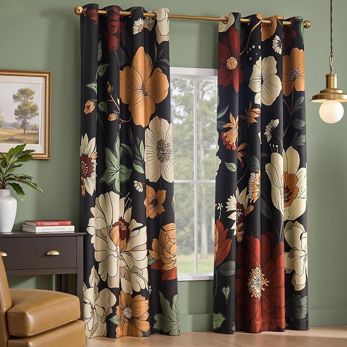 jinchan Black Boho Floral Blackout Curtains 90 Inch Grommet 2 Panels | Room - Image 3