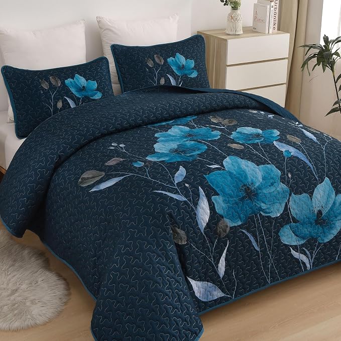 Mybedsoul King Size Quilt Set Dark Blue, Reversible Polyester Coverlet Set - Image 2