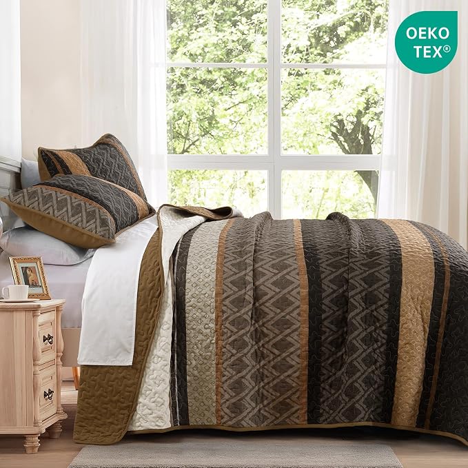 Dinjoy Striped Quilt Set Full Size, Boho Bedspreads Queen Size, 3 Pieces - Image 3