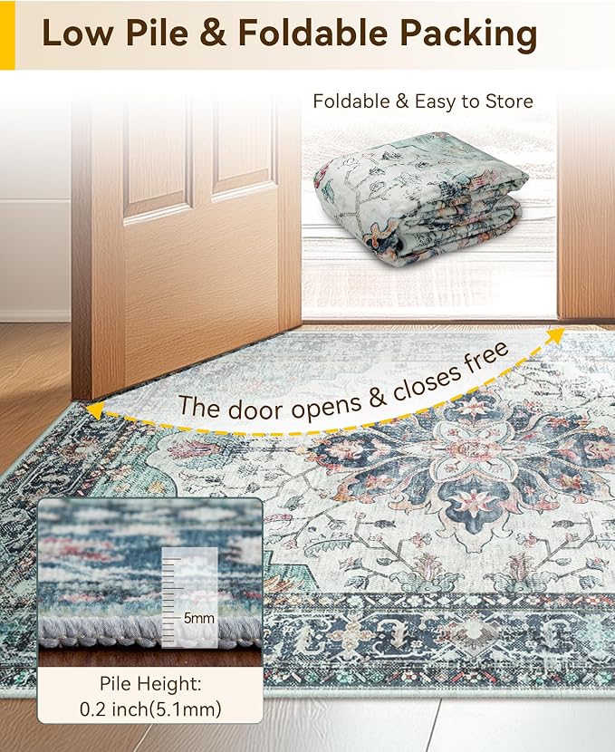 RELEANY Washable Area Rug, Runner 2'x6', Teal Green/White/Navy | Non-Slip - Image 7