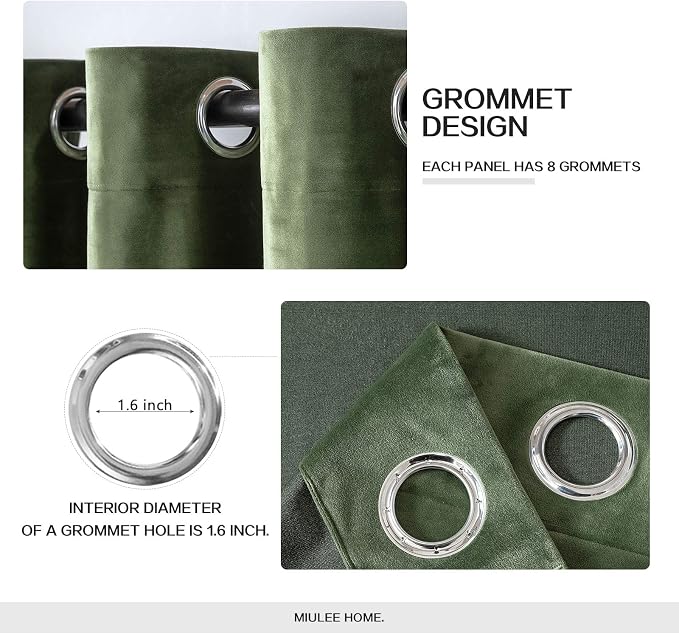 MIULEE Velvet Curtains Olive Green 52 x 84 Inch Length Set of 2 | Grommet Drapes - Image 2