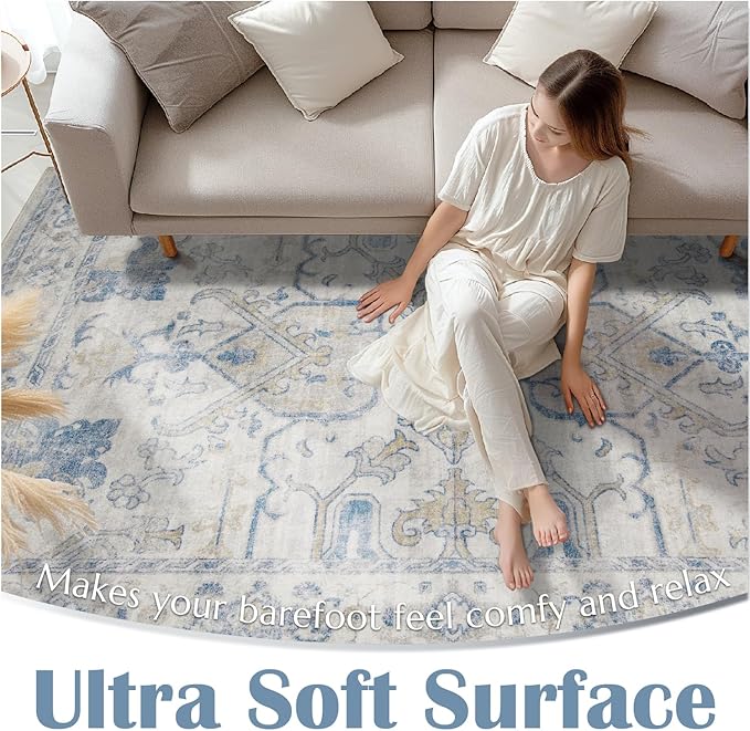 jinchan 5x7 Area Rugs Machine Washable Vintage Floral Throw Rug for Living Room Soft Ultra-Thin Low Pile Non-Slip Carpet for Kitchen, Bedroom, Dining Room, Nursery (5x7ft, Blue)