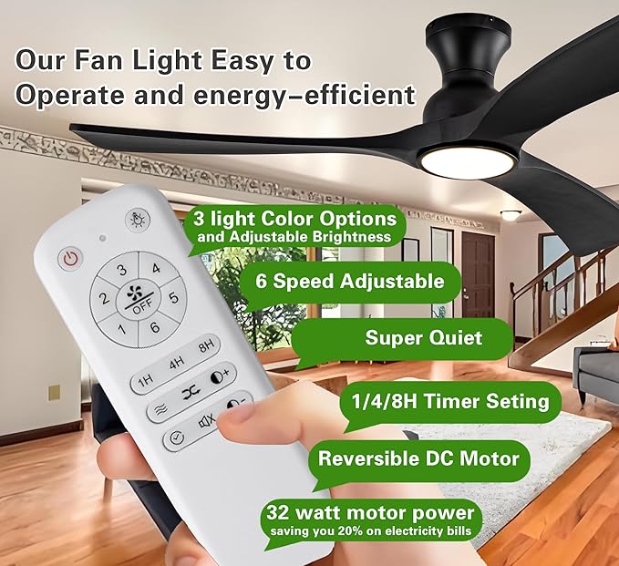 Gaizw Black Ceiing Fans with lights and Remote Control,52 Inch Modern Wooden Fan,Quiet Reversible Motor,Flush Mount Ceiling Fan with Light, Fandelier For Ventilation in Kid's Rooms,Bedroom,Farmhouse