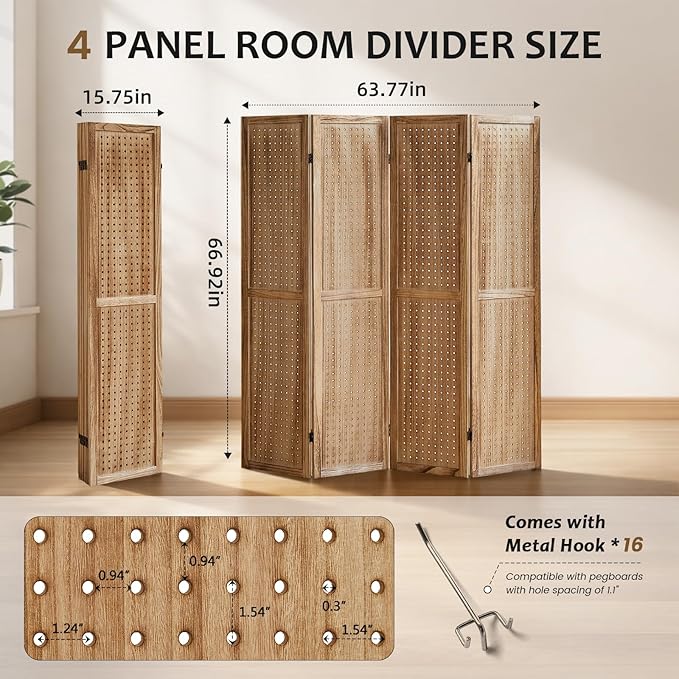 4 Panel Pegboard Room Divider, Folding Privacy Screen, Natural | 5.6 Ft Tall - Image 3