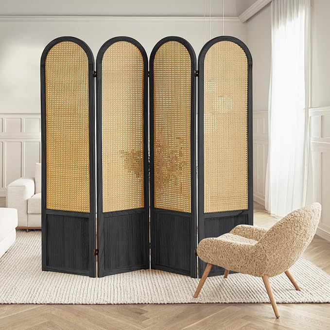 4 Panel Rattan Room Divider Screen, Boho Folding Privacy Screen | Decorative - Image 9