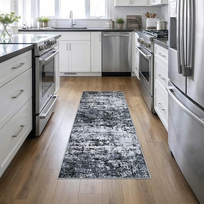 2x6 Washable Runner Rug：Modern Abstract Kitchen Carpet Black | by FXRHLP