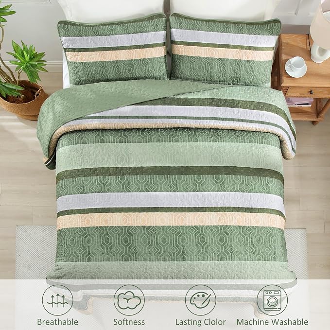 Dobuyly Striped Quilt King Size, Boho Green Lightweight Bedspread Bedding | - Image 6