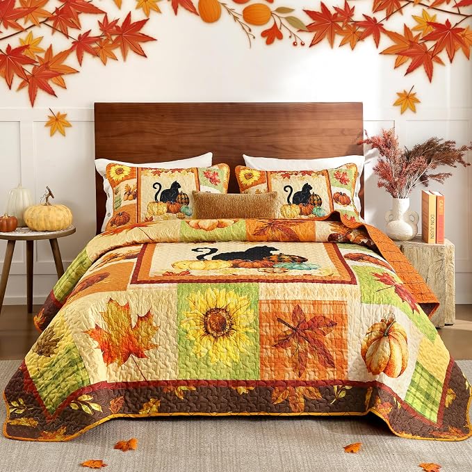 Yiran Happy Thanksgiving Harvest Fall Quilt Set Queen Size | Pumpkin Maple - Image 2