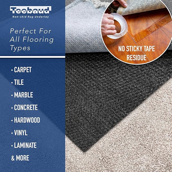2'6 x 12' Non-Slip Rug Pad, Reversible Gripper, Non Skid Pads for Hardwood, Vinyl, Tile, Laminate Floors, Keep Area Rugs Secure, Natural Materials Safe for Indoor Flooring, ¼” Thick