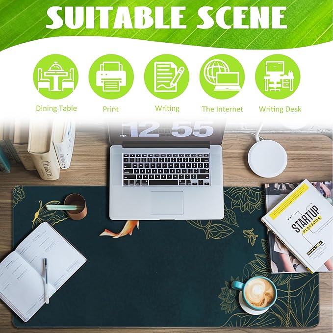 Eflxamz Large Gaming Mouse Pad, Koi Fish Ink Painting Desk Mat, Golden Line Lotus Desk Pad, Extended Big Computer Keyboard Mouse Pad with Non-Slip Base and Stitched Edge, 35.4"x15.7"