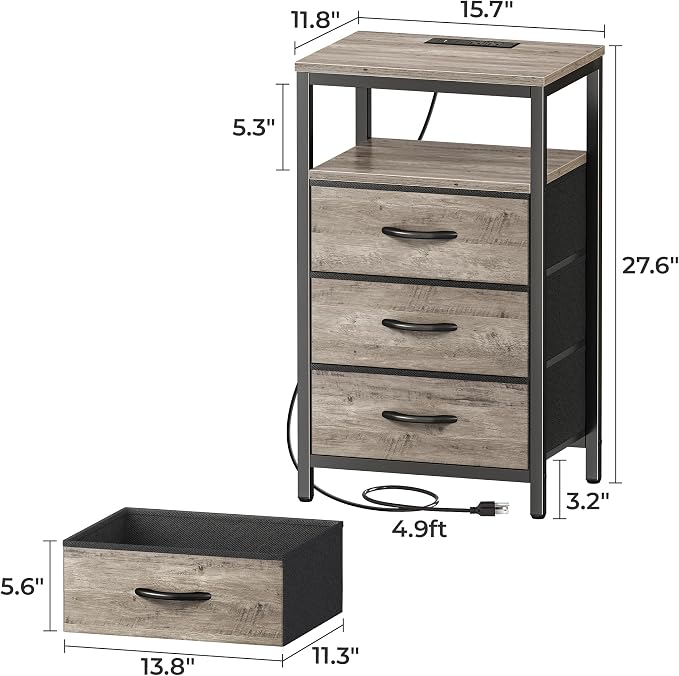 Huuger Nightstand with Charging Station, 27.6 Inch Bedside Table, Side Table | - Image 2