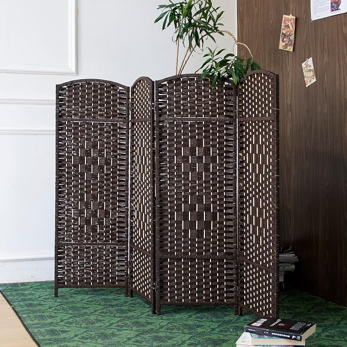 4 Panel Dark Brown Rattan Room Divider, 47.2" Low Height Double-Sided Folding by Furnnylane