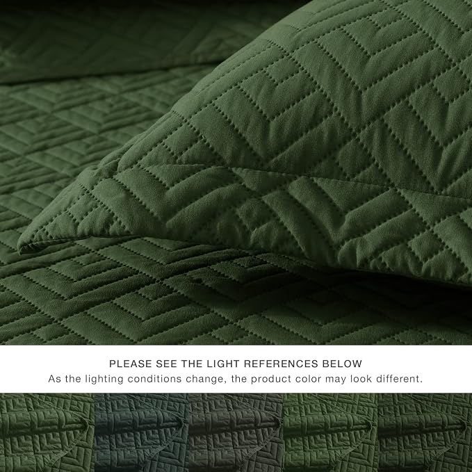 EXQ Home Quilt Set Queen Size Summer Squares Pattern Olive Green Bedspread | - Image 6