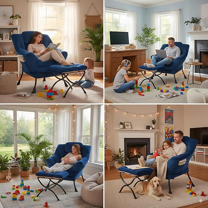 Lazy Chair with Ottoman, Comfy Accent Reading Chair, Velvet RoyalBlue | - Image 6