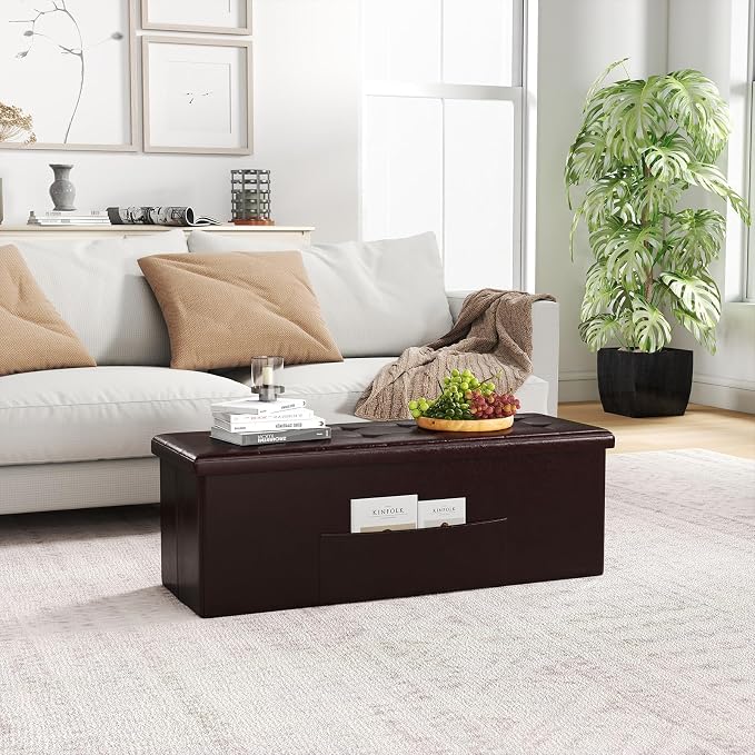 Giantex 43 Inches Folding Storage Ottoman Bench, Upholstered PU Leather Storage - Image 9