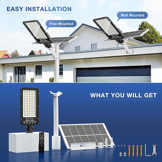 OKPRO 12000W Solar Street Lights Outdoor - 6500K Commercial Parking Lot Dusk to Dawn, Heavy Duty Split Type Solar Lights Outdoor Waterproof with Remote Control for Driveway, Outside(2Pack)