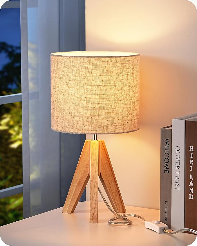 EDISHINE Small Table Lamp, Boho Bedside Lamp, Linen Fabric Shade, 14.2 Inch | by EDISHINE