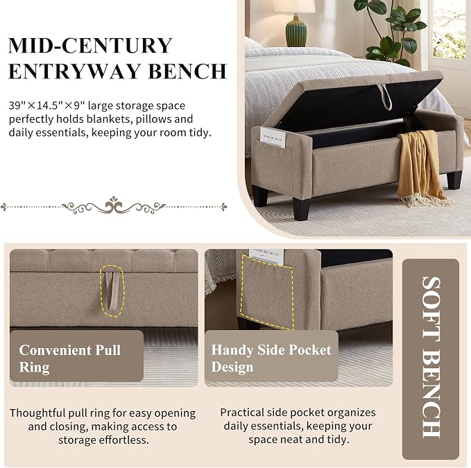 Modern Storage Ottoman Bench, Linen Upholstered End of Bed Bench - Image 5