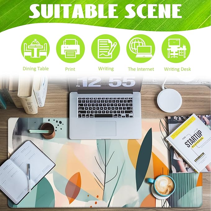 Eflxamz Desk Pad,Abstract Colorful Leaves Desk Mat,Abstract Line Art Large Gaming Mouse Pad for Desk,Extended Big Computer Keyboard Mouse Pad with Non-Slip Base and Stitched Edge,35.4"x15.7"