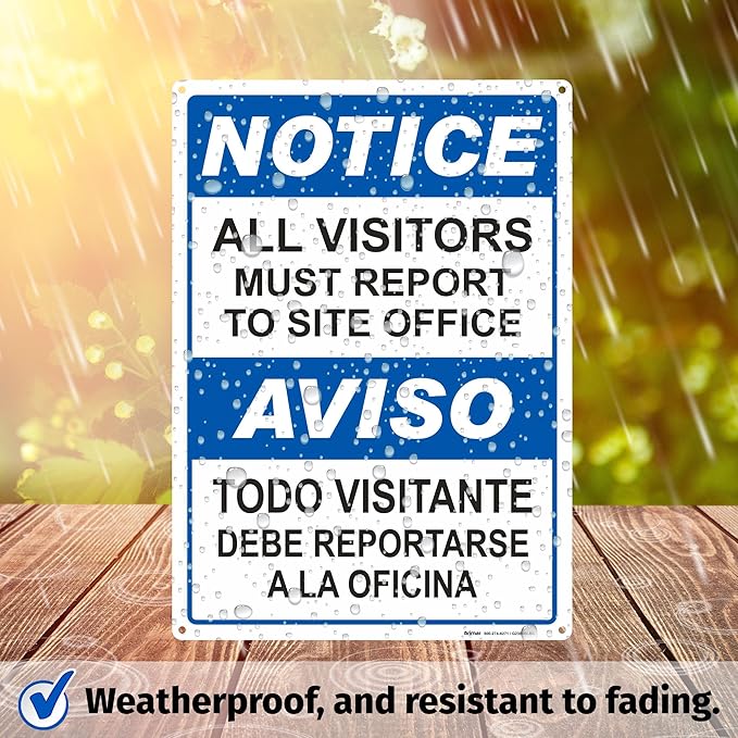 Brimar - 10" x 14" - Bilingual All Visitors Report Site Office Sign - .055″ Polyethylene Plastic - Bold Text And Symbol - Easy Installation