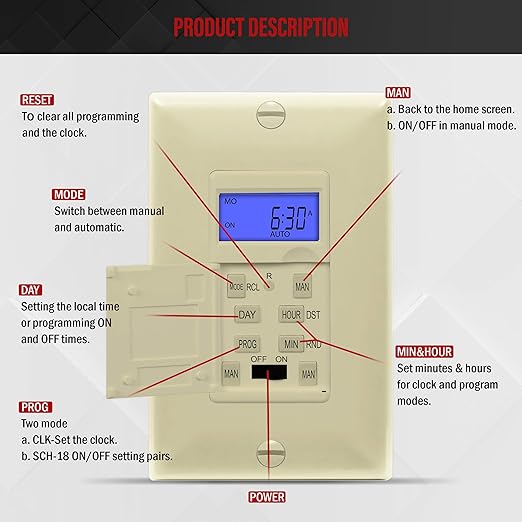 Enerlites 7 Days Digital in-Wall Programmable Timer Switch for Lights, Fans, and Motors, Single Pole, Neutral Wire Required, 7-Day 18 ON/Off Timer Settings, with Blue Backlight, HET01, Ivory