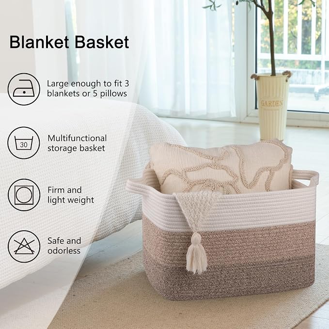 OIAHOMY Woven Blanket Basket Laundry Basket Dog Toy Basket Gradient Brown | - Image 6