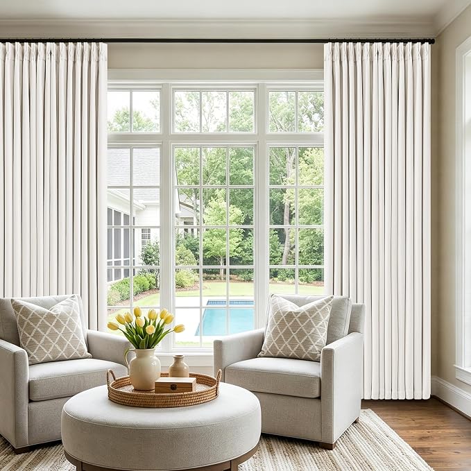 Pinch Pleated Blackout 108 Inch Bedroom Linen Curtains 2 Panels Ivory White | - Image 7