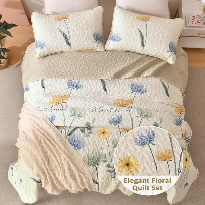Dinjoy King Size Quilt Set, Floral Printed Bedspread Coverlet Set | Yellow Blue - Image 2