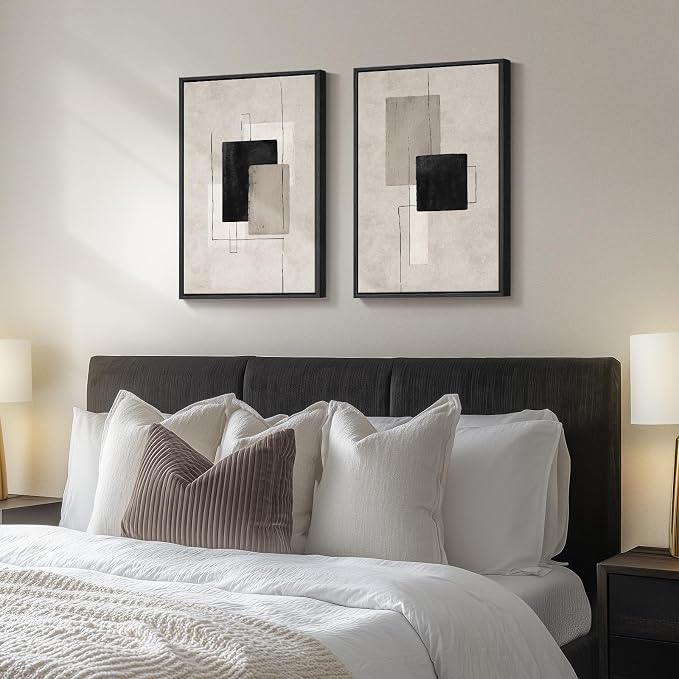 Framed Neutral Black Beige Abstract Wall Art Set of 2, Modern Minimalist Canvas - Image 2
