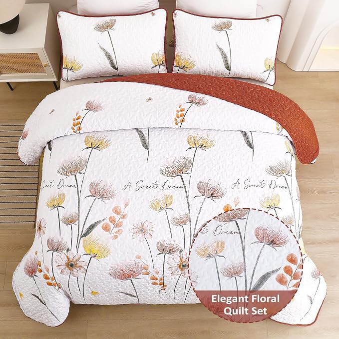Dinjoy Floral Quilt Set Queen, Burnt Orange Bedspread - Image 2