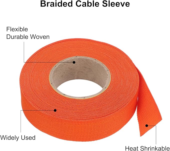 MECCANIXITY Braided Cable Sleeves Heat Shrinkable Fabric Sleeving, 7/8" 33ft Orange 2:1 Ratio Heat Shrinkable Cord Protector for Harness Cable, Network Cable Protection, Cable Management