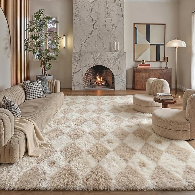 Beige 9x12 Area Rug for Living Room Soft Checkered Shag Carpet | Machine by PureCozy