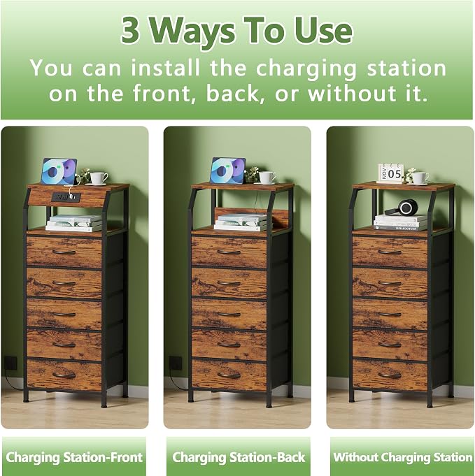 5 Drawers Dresser with Charging Station, Tall Nightstand, Fabric Chest of - Image 6