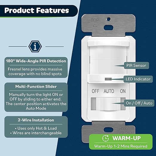 TOPGREENER Occupancy/Vacancy PIR Motion Sensor Light Switch, CDS Sensor with Learning Function, No Neutral Required, 200W Incandescent / 150W LED Load, UL Listed, Screwless Wall Plate, White, 4 Pack