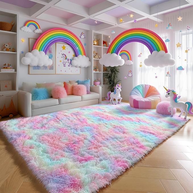 Rainbow Rugs 6x9, Large Fluffy Soft Carpet, Plush Shaggy Rugs - Image 3