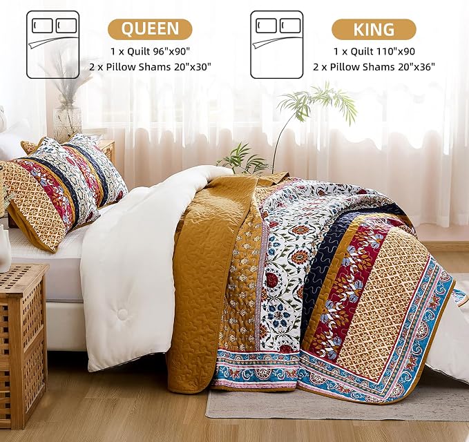 Yiran Boho Quilt Set King Size, Fall Tango Orange Patchwork Bedspreads | - Image 5
