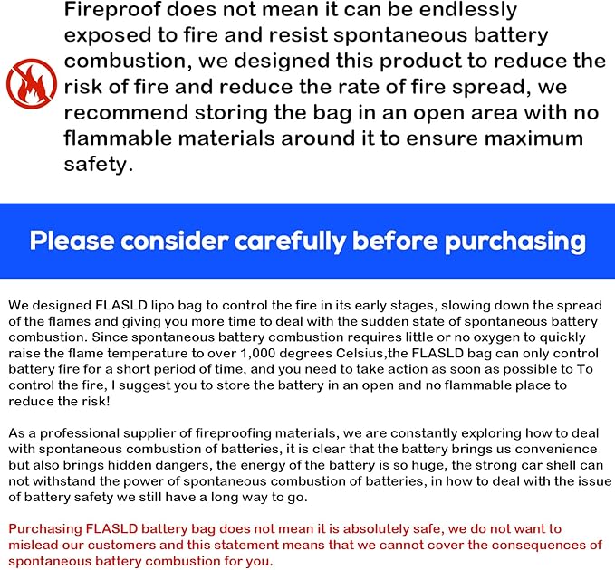 FLASLD E-Bike Battery Bag Fireproof Safe Charging Bag Explosionproof Lipo Battery Bag Large Capatity for Storage Charging (16 x 4.3 x 5in)