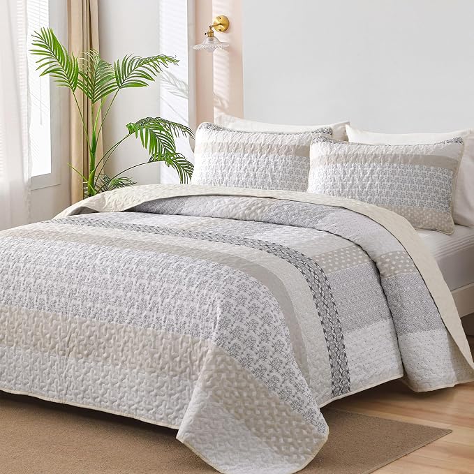 WONGS BEDDING Beige Quilt Queen Size, 3 Pieces Boho Stripe Bedspread | by WONGSBEDDING