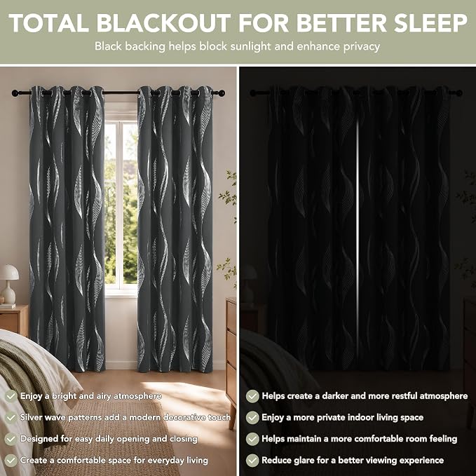 Deconovo Silver Foil Wave Pattern Total Blackout Curtain Panels, Living Room - Image 3