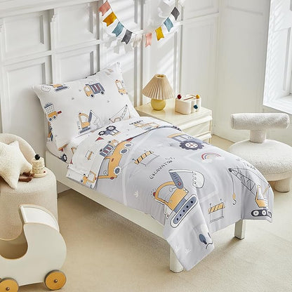 JHXHMX 4 Pieces Toddler Bedding Set for Boys,Excavator Cars Truck Pattern Toddler Comforter Set,Soft Crib Bed Set Including Comforter,Sheets and Pillowcase-Gray
