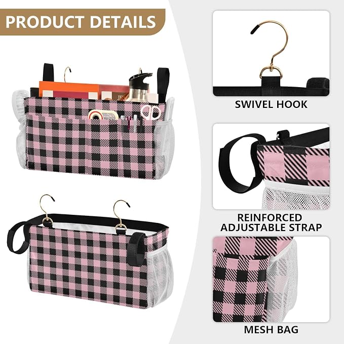 Buffalo Plaid Check Pink Print Bedside Caddy Storage Bag Bedside Organizer - Image 5