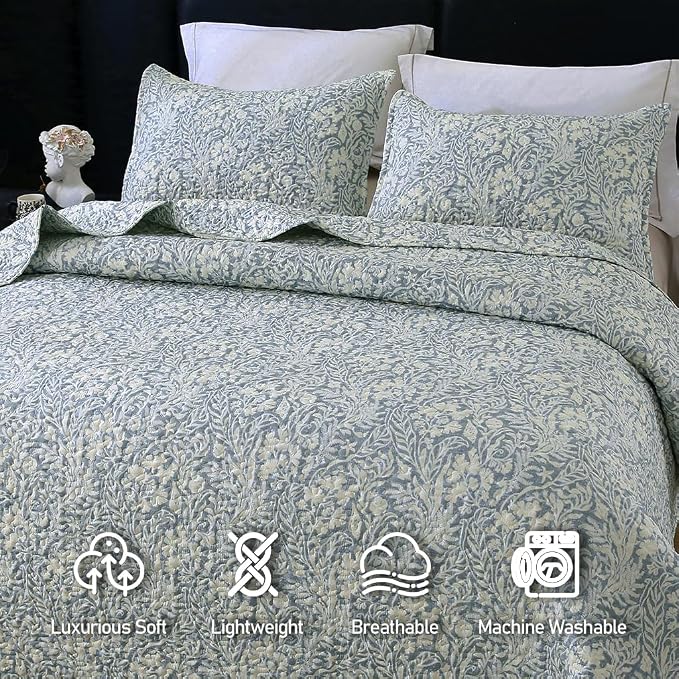 DURLENGEN Quilt Set Queen Size 3Pcs, Bluish Grey Printed - Image 2