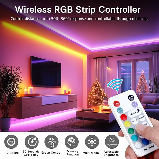 EMITEVER RGB LED Strip Light 16.4ft, Dimmable COB 24V Flexible LED Color Changing Tape Light Kit with Remote, High Density 3150LEDs for TV Backlight, Bedroom, Bar, Party Christmas Decoration