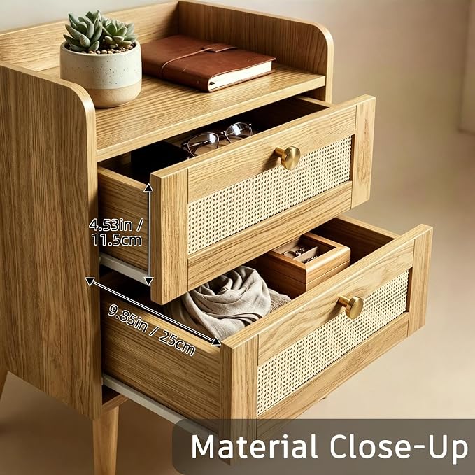 Rattan Nightstand with Charging Station, Bedside Table with 2 Drawers | Night - Image 7