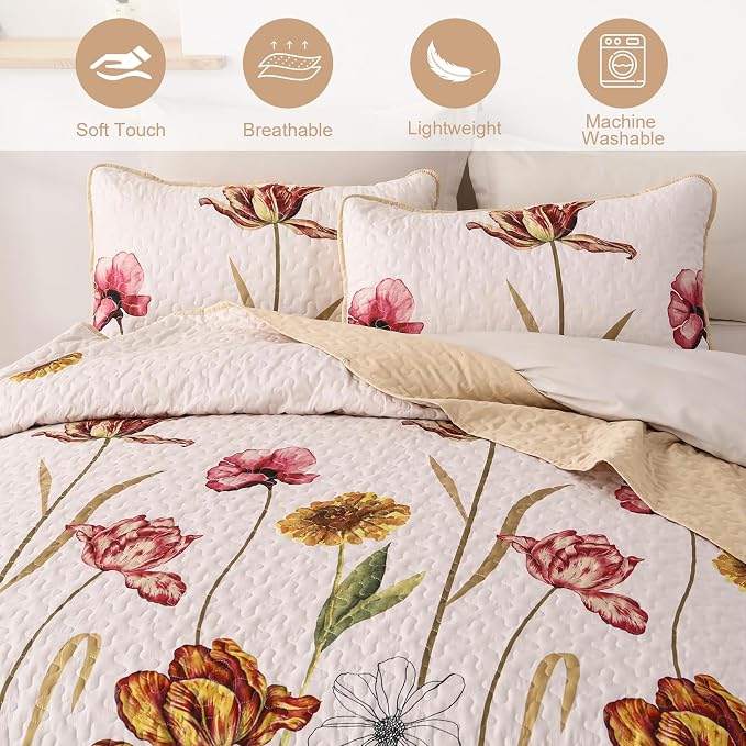 WONGS BEDDING Floral Quilt Set Queen Size, 3 Pieces Beige Bedspread | Chic - Image 4